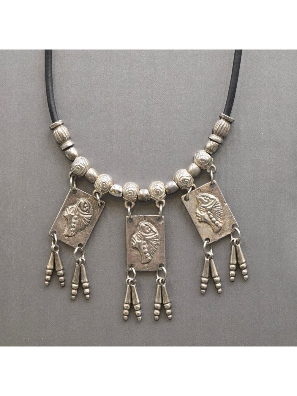 Vintage Tribal Panel Fringe Necklace Silver Tone Leather Cord Boho Statement - Picture 1 of 16